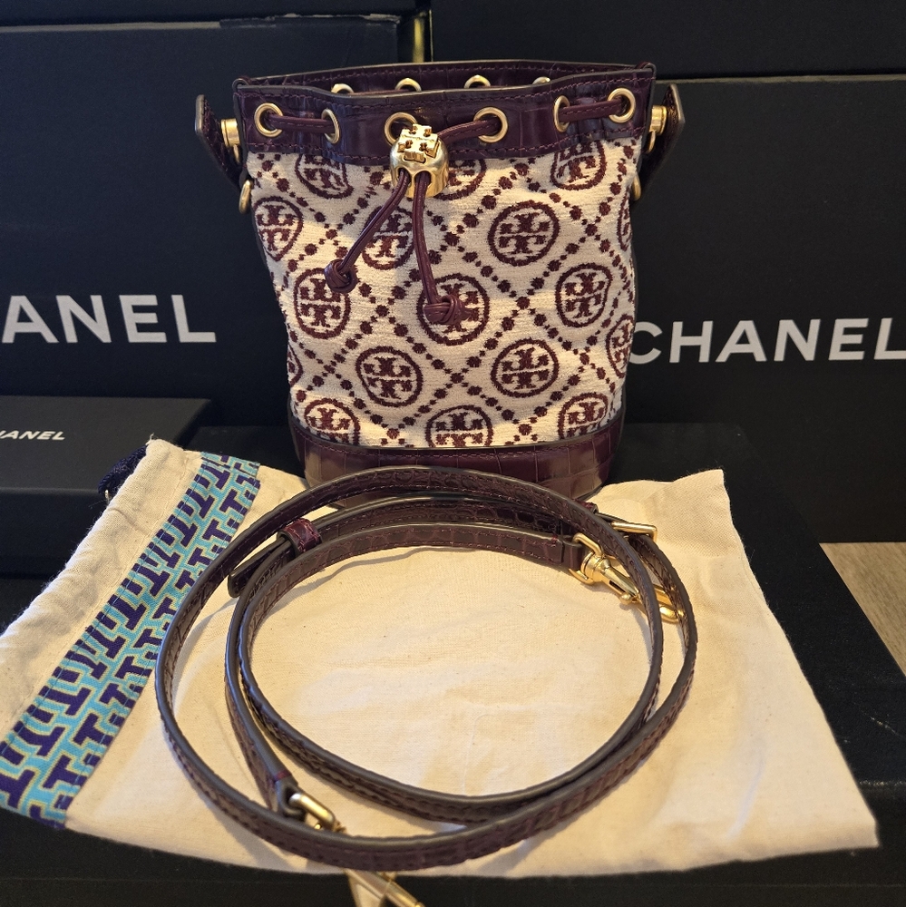 Tory Burch T MonogramChenille Mini Bucket Bag